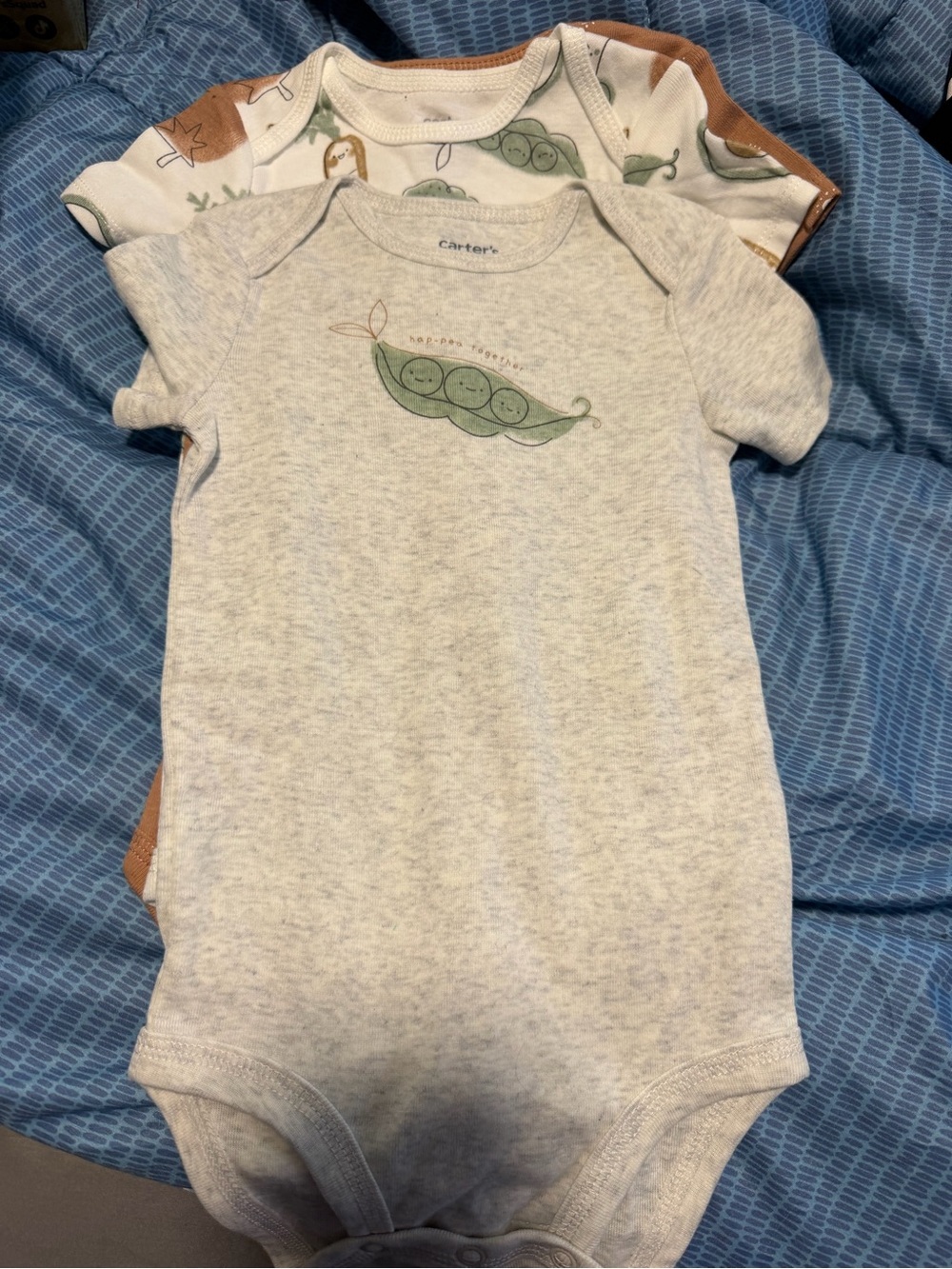 Carters baby’s 3 piece baby bodysuit set veggies grey, brown, white new 12 m